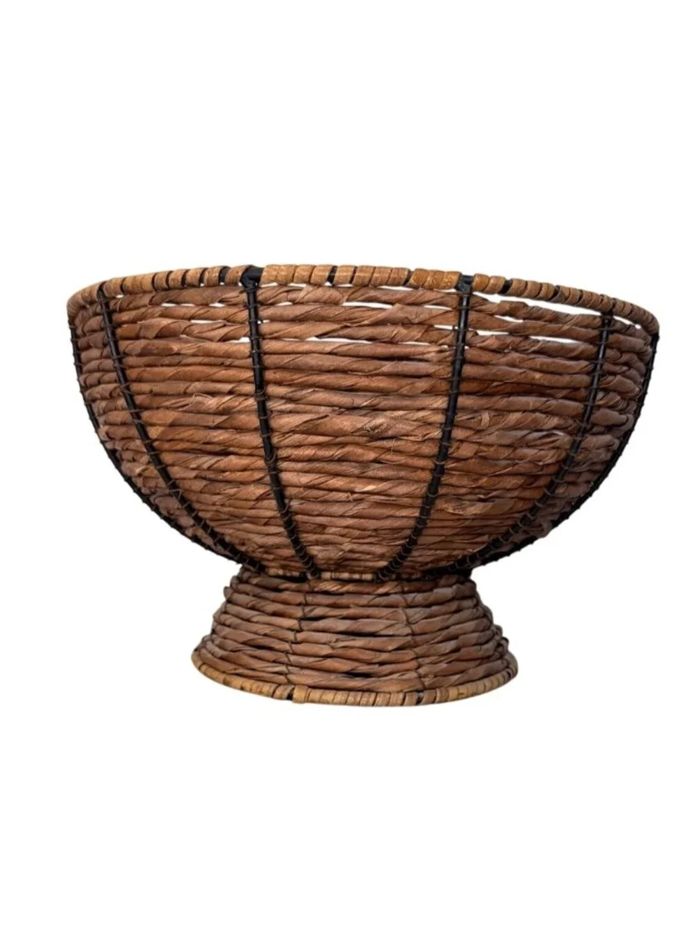 Vintage Rustic Wicker Pedestal Bowl Boho Rattan Footed Centerpiece Basket